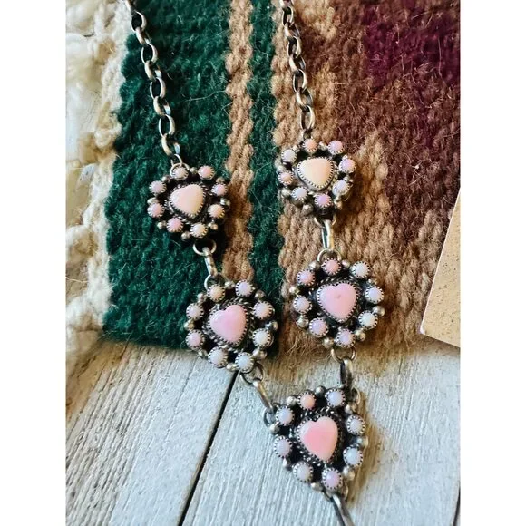 Navajo Queen Pink Conch & Sterling Silver Heart Necklace Set